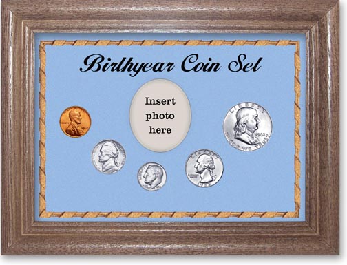 1962 Birth Year Coin Gift Set with a blue background and dark oak frame LARGE