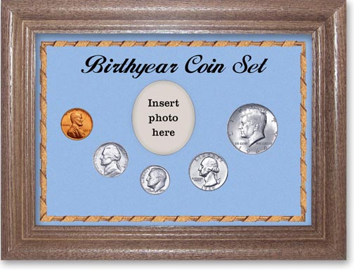 1964 Birth Year Coin Gift Set with a blue background and dark oak frame LARGE
