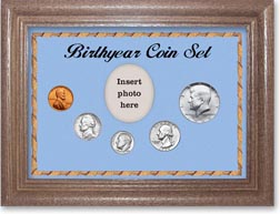1969 Birth Year Coin Gift Set with a blue background and dark oak frame THUMBNAIL
