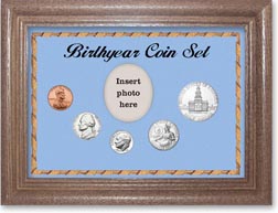 1976 Birth Year Coin Gift Set with a blue background and dark oak frame THUMBNAIL