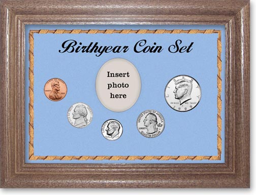1999 Birth Year Coin Gift Set with a blue background and dark oak frame MAIN