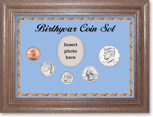 2003 Birth Year Coin Gift Set with a blue background and dark oak frame LARGE