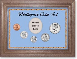 2004 Birth Year Coin Gift Set with a blue background and dark oak frame THUMBNAIL