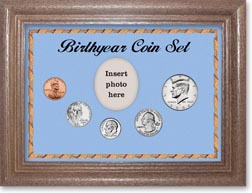 2008 Birth Year Coin Gift Set with a blue background and dark oak frame THUMBNAIL