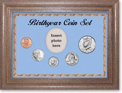 2019 Birth Year Coin Gift Set with a blue background and dark oak frame THUMBNAIL
