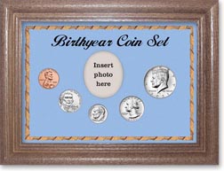 2021 Birth Year Coin Gift Set with a blue background and dark oak frame THUMBNAIL