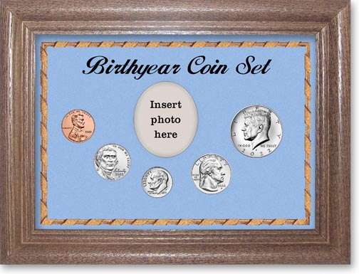 Birth Year Coin Gift Set with blue background and dark oak frame LARGE