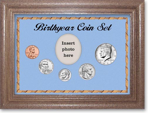Birth Year Coin Gift Set with blue background and dark oak frame LARGE