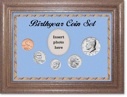 Birth Year Coin Gift Set with blue background and dark oak frame LARGE