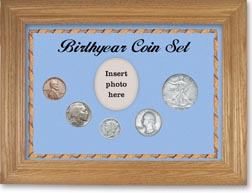 1934 Birth Year Coin Gift Set with a blue background and wheat frame THUMBNAIL