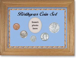 1935 Birth Year Coin Gift Set with a blue background and wheat frame THUMBNAIL
