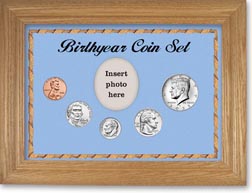 Birth Year Coin Gift Set with a blue background and dark oak frame THUMBNAIL