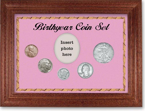 1934 Birth Year Coin Gift Set with a pink background and cherry frame LARGE