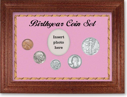 1935 Birth Year Coin Gift Set with a pink background and cherry frame LARGE