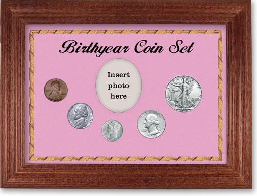 1942 Birth Year Coin Gift Set with a pink background and cherry frame LARGE
