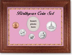 1975 Birth Year Coin Gift Set with a pink background and cherry frame THUMBNAIL