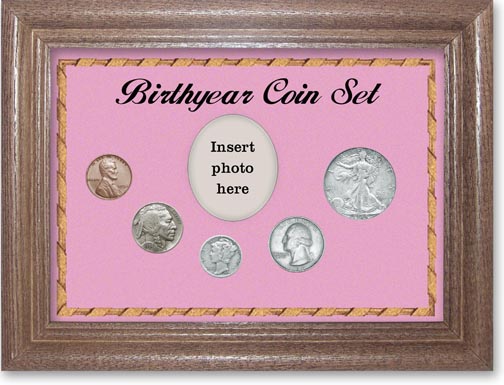 1934 Birth Year Coin Gift Set with a pink background and dark oak frame LARGE
