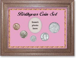1934 Birth Year Coin Gift Set with a pink background and dark oak frame THUMBNAIL