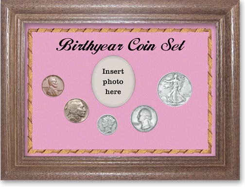 1936 Birth Year Coin Gift Set with a pink background and dark oak frame MAIN