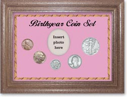 1936 Birth Year Coin Gift Set with a pink background and dark oak frame THUMBNAIL