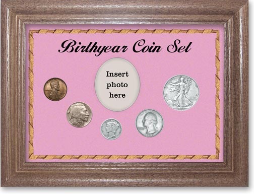 1937 Birth Year Coin Gift Set with a pink background and dark oak frame LARGE