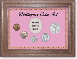 1937 Birth Year Coin Gift Set with a pink background and dark oak frame THUMBNAIL