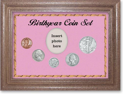 1938 Birth Year Coin Gift Set with a pink background and dark oak frame LARGE
