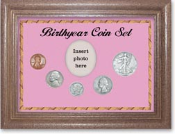 1938 Birth Year Coin Gift Set with a pink background and dark oak frame THUMBNAIL