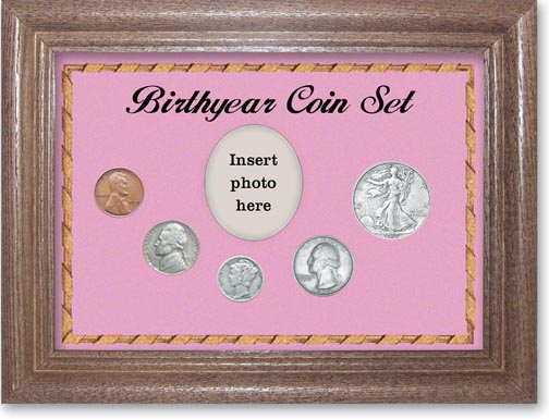 1939 Birth Year Coin Gift Set with a pink background and dark oak frame LARGE