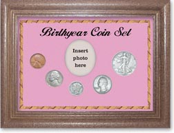 1939 Birth Year Coin Gift Set with a pink background and dark oak frame THUMBNAIL