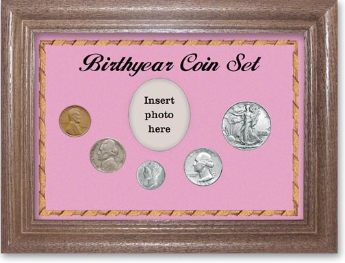 1940 Birth Year Coin Gift Set with a pink background and dark oak frame LARGE