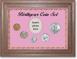 1940 Birth Year Coin Gift Set with a pink background and dark oak frame THUMBNAIL