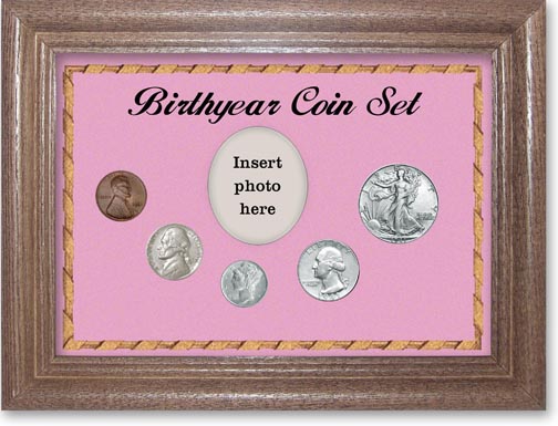 1941 Birth Year Coin Gift Set with a pink background and dark oak frame MAIN
