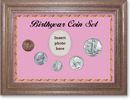 1942 Birth Year Coin Gift Set with a pink background and dark oak frame LARGE