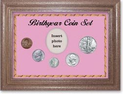 1942 Birth Year Coin Gift Set with a pink background and dark oak frame THUMBNAIL