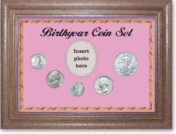 1943 Birth Year Coin Gift Set with a pink background and dark oak frame THUMBNAIL