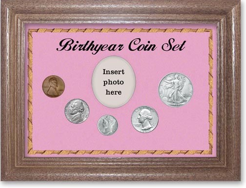 1944 Birth Year Coin Gift Set with a pink background and dark oak frame MAIN