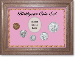 1944 Birth Year Coin Gift Set with a pink background and dark oak frame THUMBNAIL