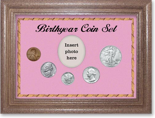1945 Birth Year Coin Gift Set with a pink background and dark oak frame MAIN