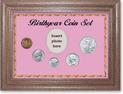 1945 Birth Year Coin Gift Set with a pink background and dark oak frame THUMBNAIL