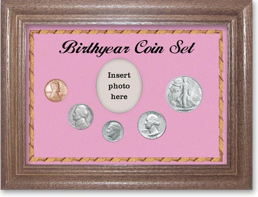 1946 Birth Year Coin Gift Set with a pink background and dark oak frame LARGE