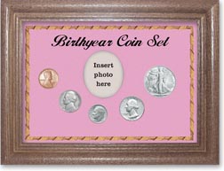 1947 Birth Year Coin Gift Set with a pink background and dark oak frame THUMBNAIL