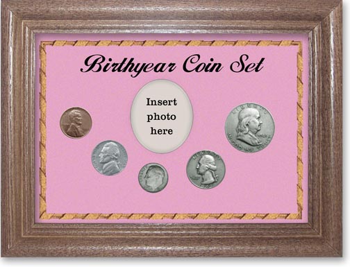 1949 Birth Year Coin Gift Set with a pink background and dark oak frame MAIN