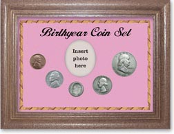 1949 Birth Year Coin Gift Set with a pink background and dark oak frame THUMBNAIL
