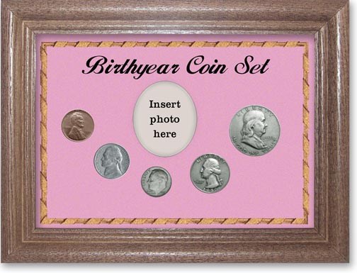 1950 Birth Year Coin Gift Set with a pink background and dark oak frame MAIN
