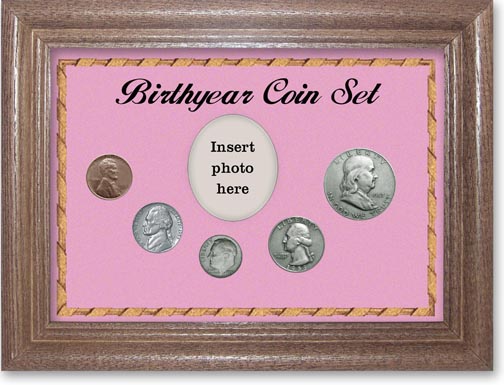 1953 Birth Year Coin Gift Set with a pink background and dark oak frame LARGE
