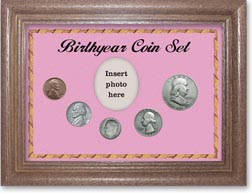 1953 Birth Year Coin Gift Set with a pink background and dark oak frame THUMBNAIL