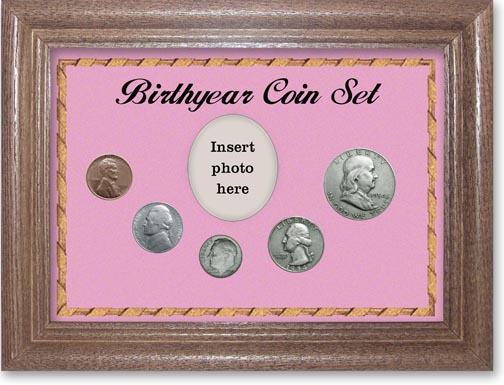 1954 Birth Year Coin Gift Set with a pink background and dark oak frame MAIN