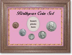 1954 Birth Year Coin Gift Set with a pink background and dark oak frame THUMBNAIL