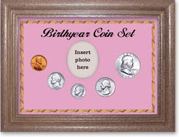 1962 Birth Year Coin Gift Set with a pink background and dark oak frame THUMBNAIL